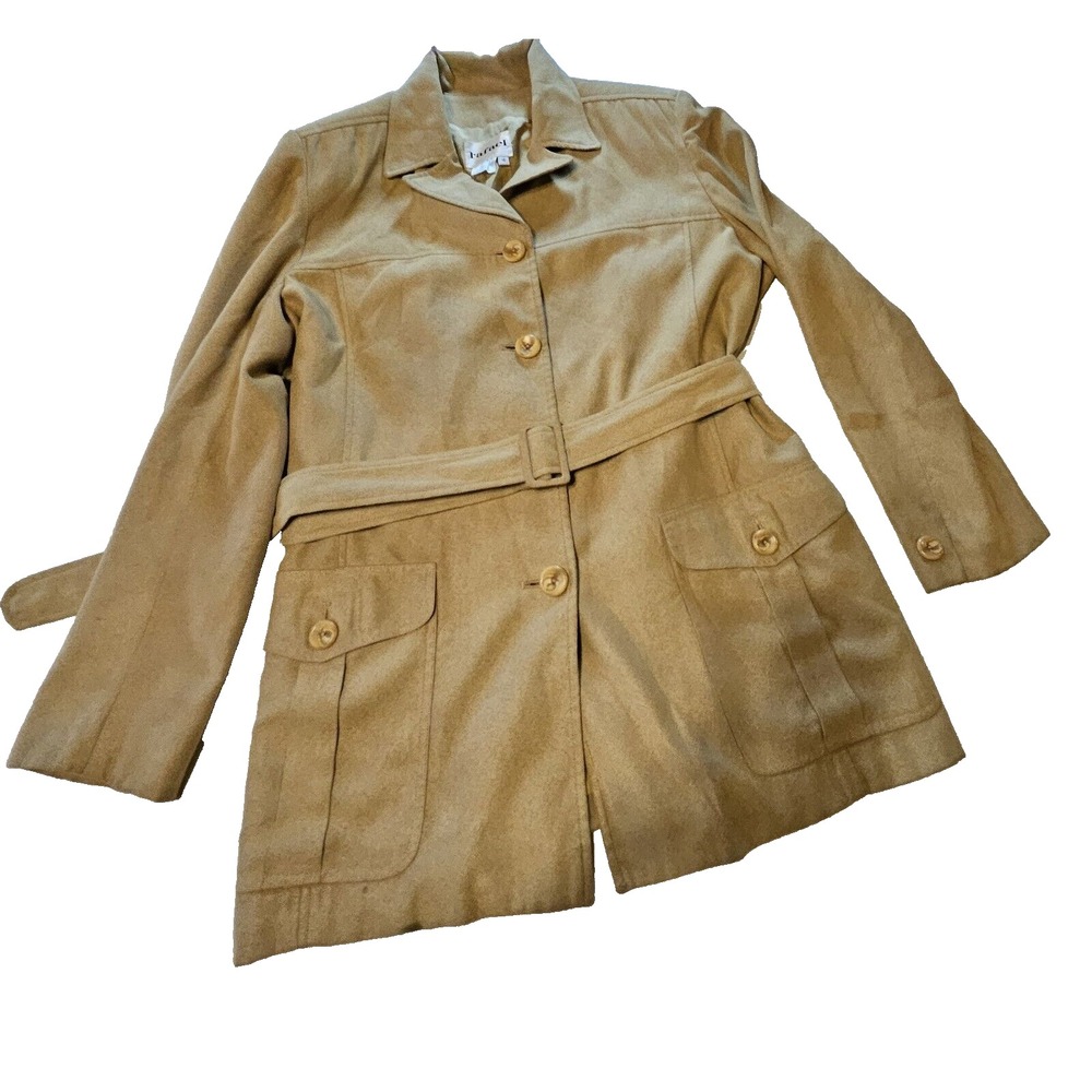 Rafael Womens Gold Suede Feel Trench Jacket Belted Button Front Coat Size 16